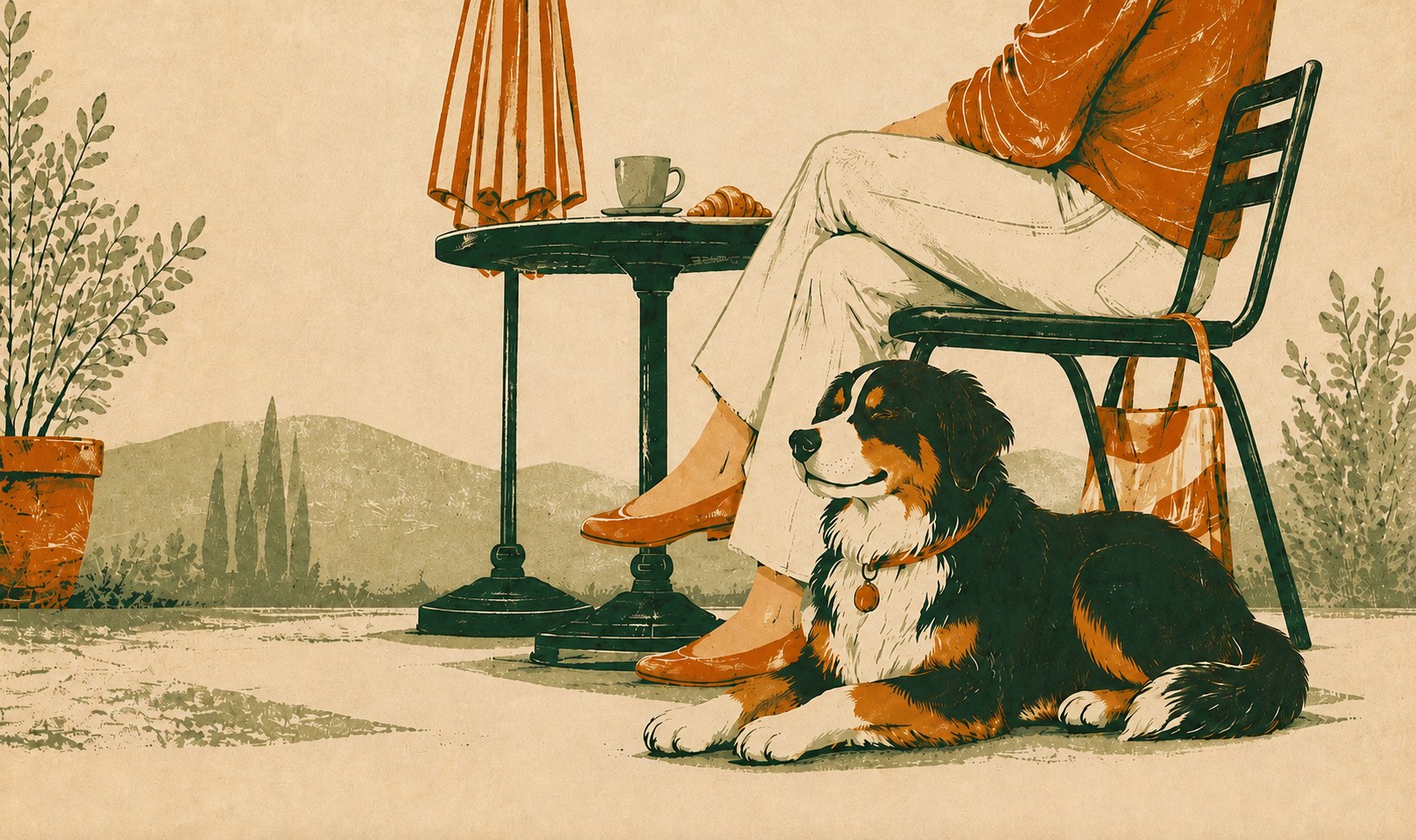 A dog rests beside its seated person and a café table with coffee and a croissant, beneath a folded orange parasol.