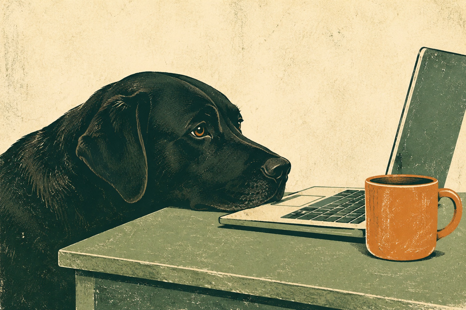 A black Labrador rests its chin beside a laptop, keeping the developer company.