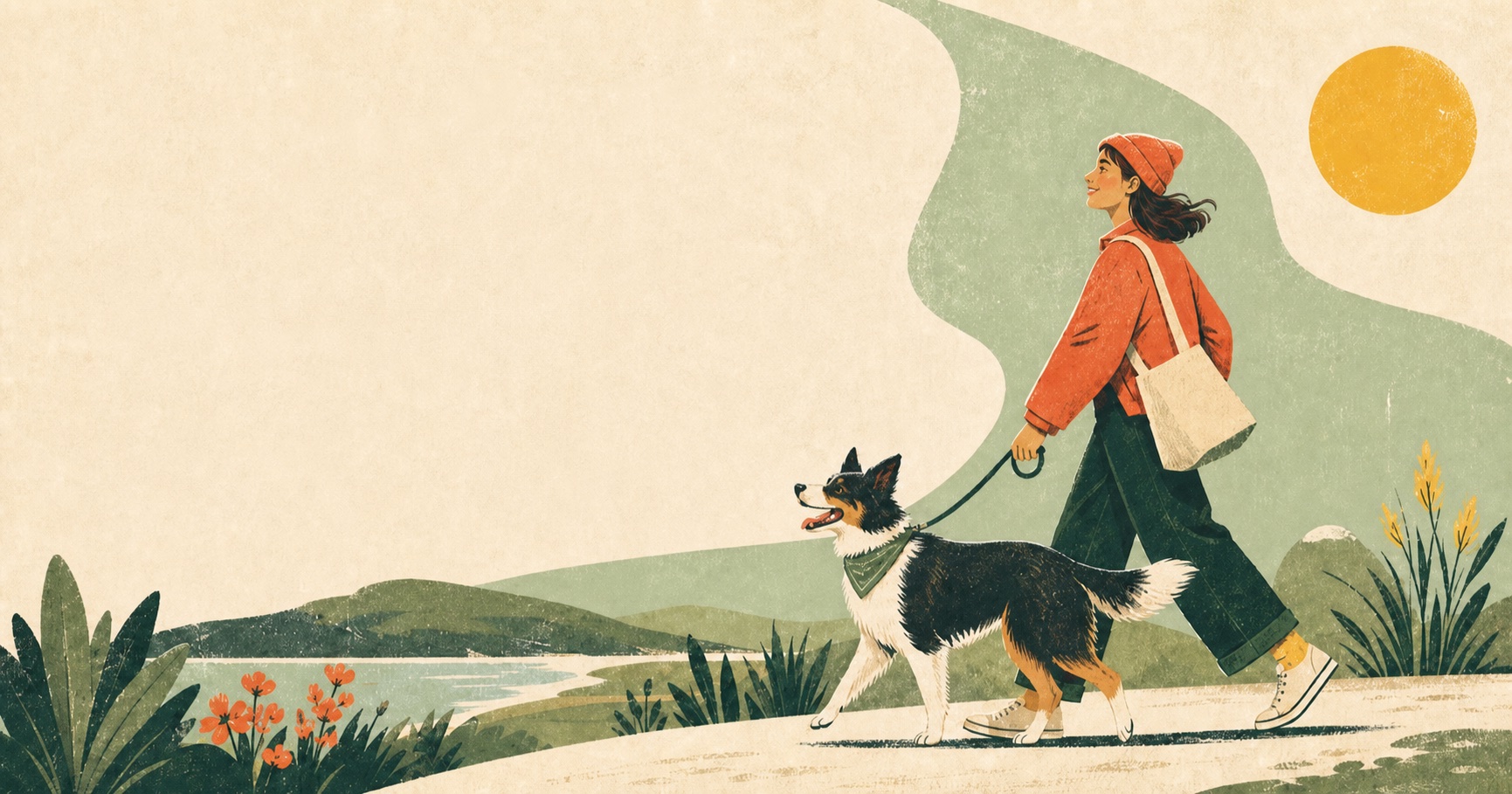 A woman and her dog enjoying a walk beside a lake, in a vintage travel illustration.